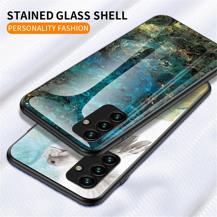 For Samsung Galaxy A34 5G Marble Pattern Printing Tempered Glass + PC + TPU Phone Case Anti-drop Back Cover - Emerald Marble - 6