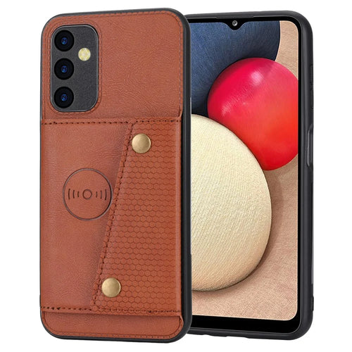 For Samsung Galaxy A34 5G Dual Button Card Holder PU Leather Coated TPU Case Car Mount Metal Sheet Phone Kickstand Cover - Light Brown - 1