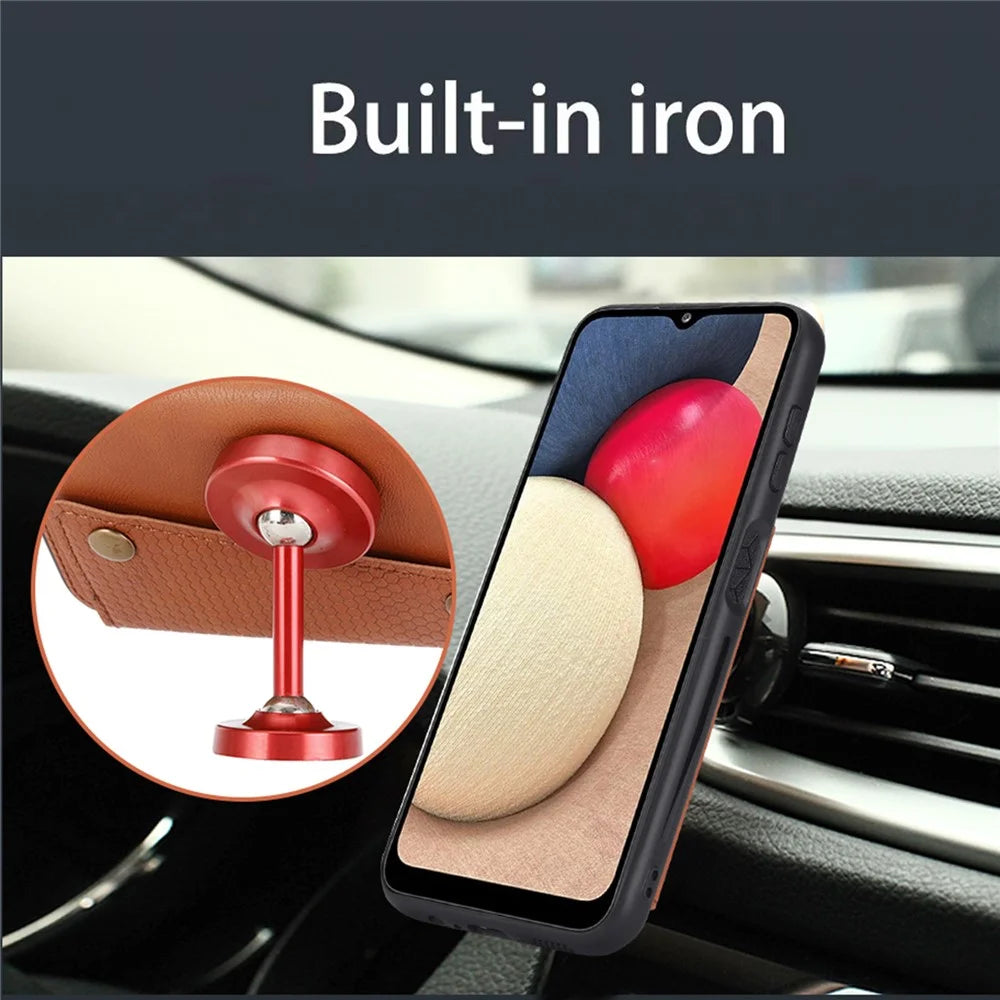 For Samsung Galaxy A34 5G Dual Button Card Holder PU Leather Coated TPU Case Car Mount Metal Sheet Phone Kickstand Cover - Light Brown - 4