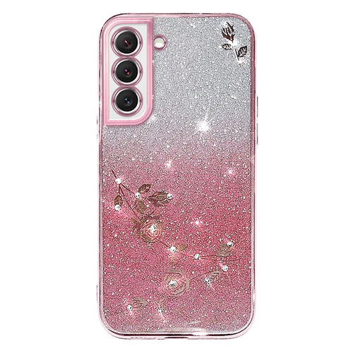 KADEM Rhinestone Design Smartphone Case for Samsung Galaxy S22 5G, Anti-Scratch Flower Pattern Decor Glitter Powder Gradient Color TPU Phone Cover - Rose Gold - 1