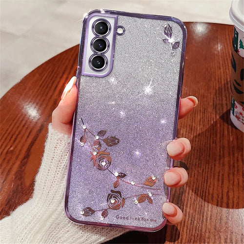 KADEM For Samsung Galaxy S21 5G Dustproof Phone Cover Flower Pattern Decor Rhinestone Design Glitter Powder Gradient Color TPU Smartphone Case - Purple - 1