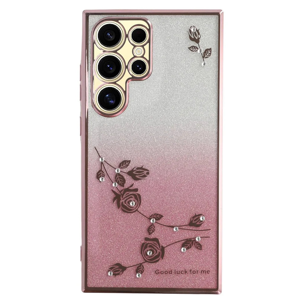 KADEM For Samsung Galaxy S22 Ultra 5G Anti-Shock Glitter Powder Flexible TPU Cell Phone Cover Flower Pattern Decor Rhinestone Phone Case Shell - Rose Gold - 1