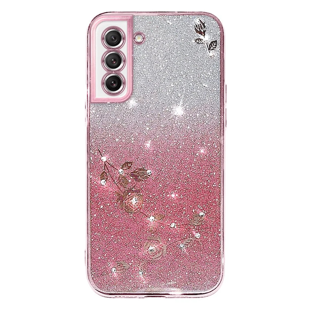 KADEM Dustproof Phone Back Cover for Samsung Galaxy S21 FE 5G, Flower Pattern Decor Rhinestone Glitter Powder Flexible TPU Cell Phone Case - Rose Gold - 1