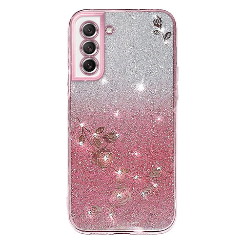 KADEM Dustproof Phone Back Cover for Samsung Galaxy S21 FE 5G, Flower Pattern Decor Rhinestone Glitter Powder Flexible TPU Cell Phone Case - Rose Gold - 1