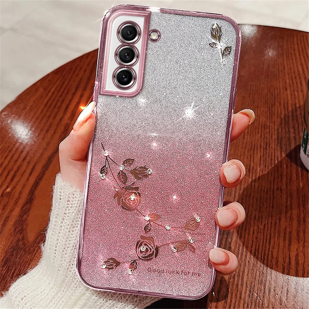 KADEM Dustproof Phone Back Cover for Samsung Galaxy S21 FE 5G, Flower Pattern Decor Rhinestone Glitter Powder Flexible TPU Cell Phone Case - Rose Gold - 2