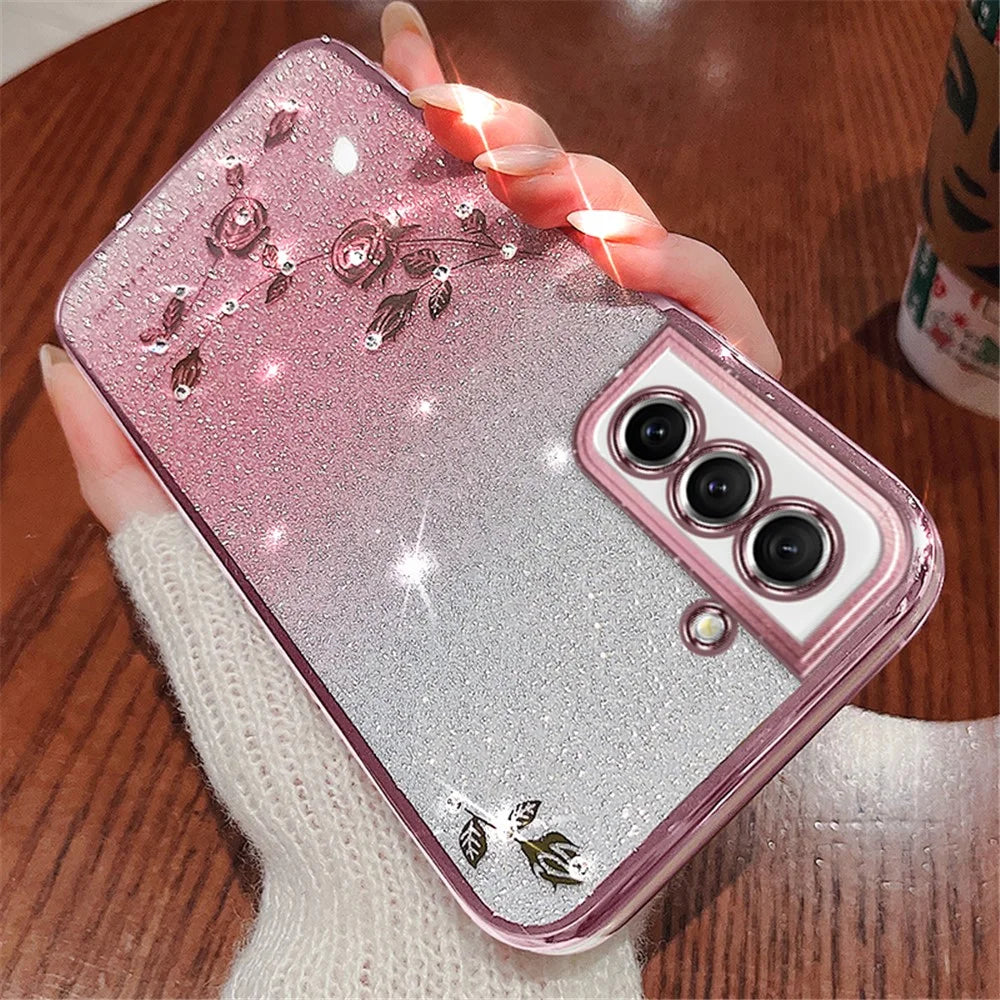 KADEM Dustproof Phone Back Cover for Samsung Galaxy S21 FE 5G, Flower Pattern Decor Rhinestone Glitter Powder Flexible TPU Cell Phone Case - Rose Gold - 4
