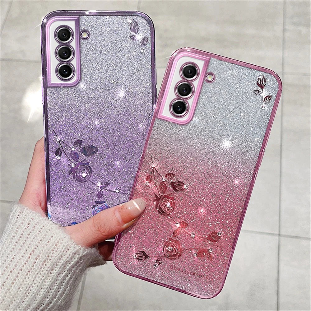 KADEM Dustproof Phone Back Cover for Samsung Galaxy S21 FE 5G, Flower Pattern Decor Rhinestone Glitter Powder Flexible TPU Cell Phone Case - Rose Gold - 5