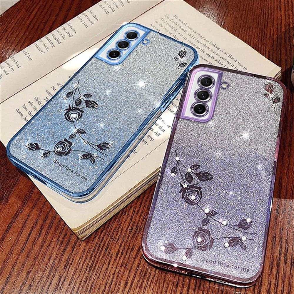 KADEM Dustproof Phone Back Cover for Samsung Galaxy S21 FE 5G, Flower Pattern Decor Rhinestone Glitter Powder Flexible TPU Cell Phone Case - Rose Gold - 6