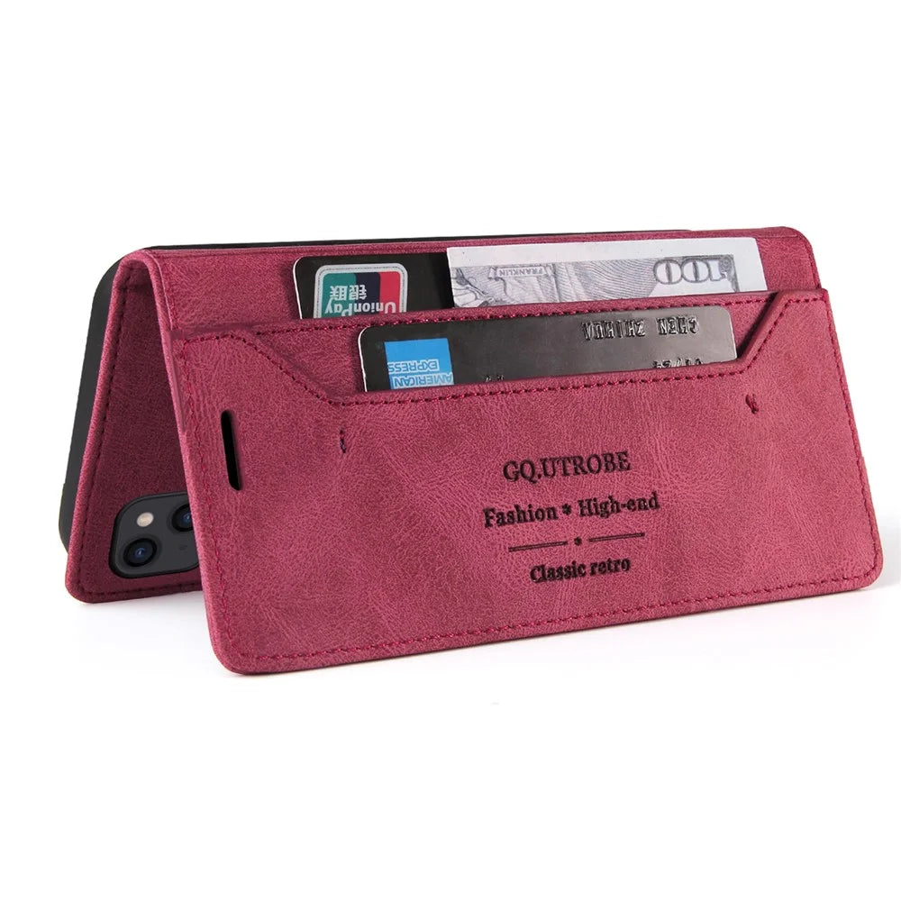 GQ.UTROBE 008 Series For iPhone 14 Plus Fall Proof RFID Blocking Skin-touch Feeling PU Leather Stand Wallet Phone Case - Wine Red - 4