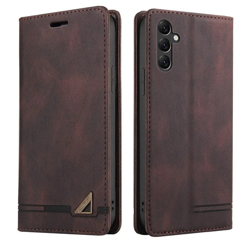 GQ.UTROBE 008 Series For Samsung Galaxy A14 5G / A14 4G RFID Blocking Skin-touch Feeling Full Coverage PU Leather Stand Wallet Phone Case - Coffee - 1