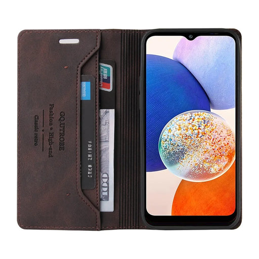 GQ.UTROBE 008 Series For Samsung Galaxy A14 5G / A14 4G RFID Blocking Skin-touch Feeling Full Coverage PU Leather Stand Wallet Phone Case - Coffee - 2