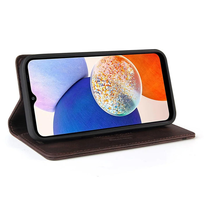 GQ.UTROBE 008 Series For Samsung Galaxy A14 5G / A14 4G RFID Blocking Skin-touch Feeling Full Coverage PU Leather Stand Wallet Phone Case - Coffee - 3