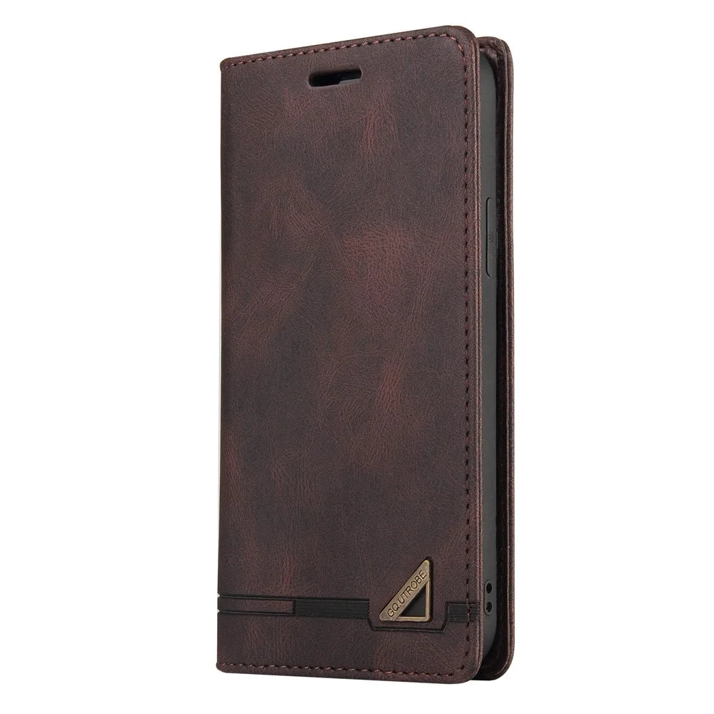 GQ.UTROBE 008 Series For Samsung Galaxy A14 5G / A14 4G RFID Blocking Skin-touch Feeling Full Coverage PU Leather Stand Wallet Phone Case - Coffee - 7