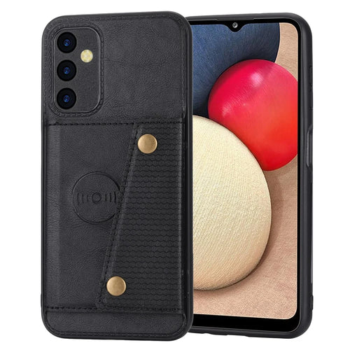 For Samsung Galaxy A14 5G / A14 4G Dual Button Card Slots Leather Coated TPU Case Car Mount Metal Sheet Kickstand Phone Cover - Black - 1
