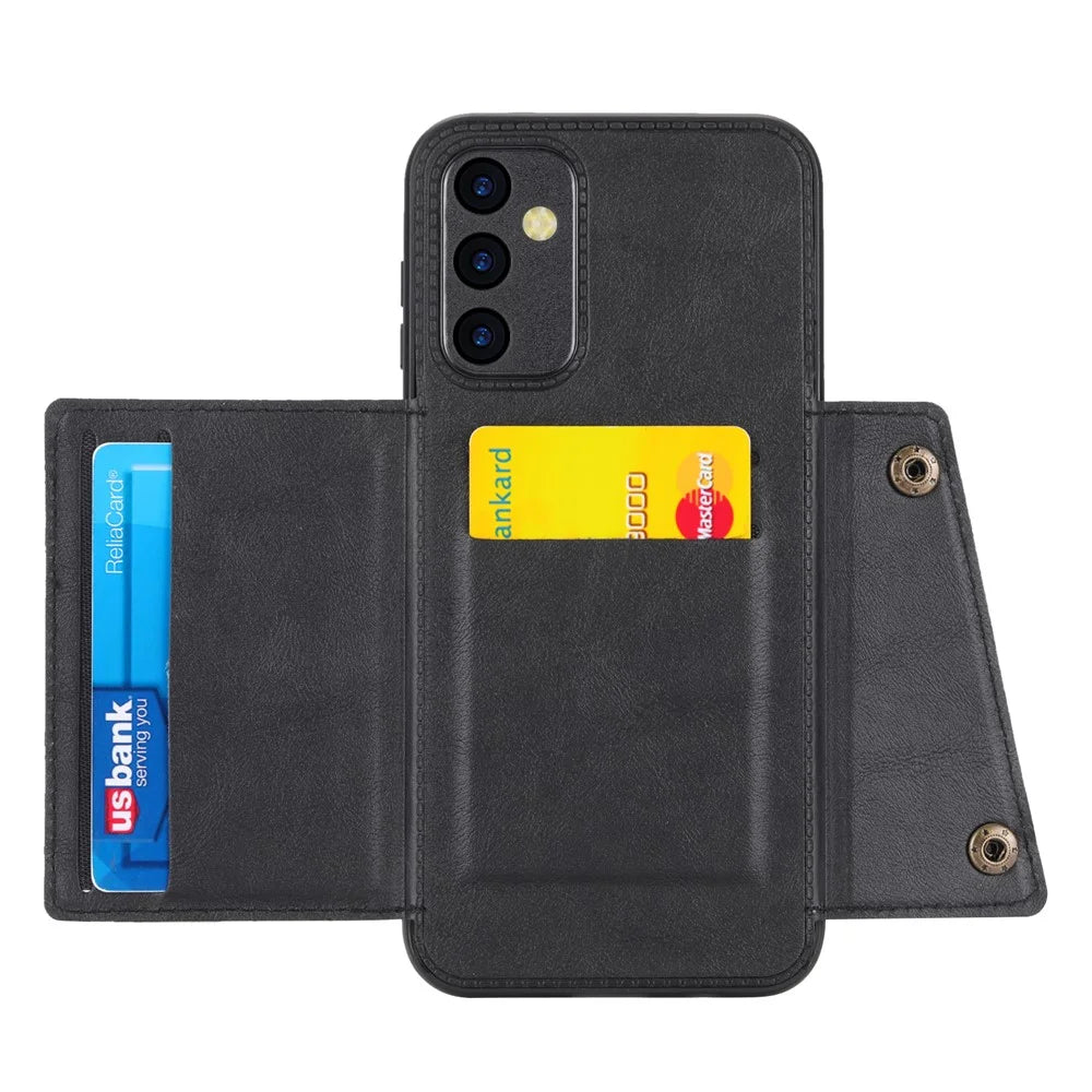 For Samsung Galaxy A14 5G / A14 4G Dual Button Card Slots Leather Coated TPU Case Car Mount Metal Sheet Kickstand Phone Cover - Black - 2