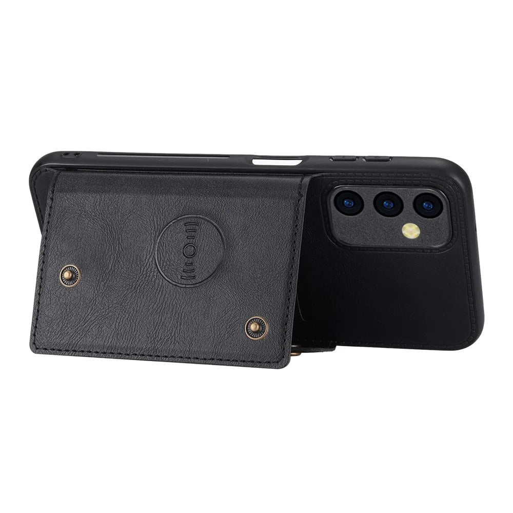 For Samsung Galaxy A14 5G / A14 4G Dual Button Card Slots Leather Coated TPU Case Car Mount Metal Sheet Kickstand Phone Cover - Black - 3
