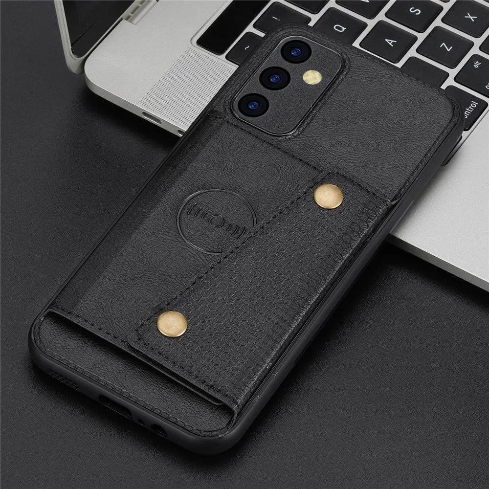 For Samsung Galaxy A14 5G / A14 4G Dual Button Card Slots Leather Coated TPU Case Car Mount Metal Sheet Kickstand Phone Cover - Black - 5