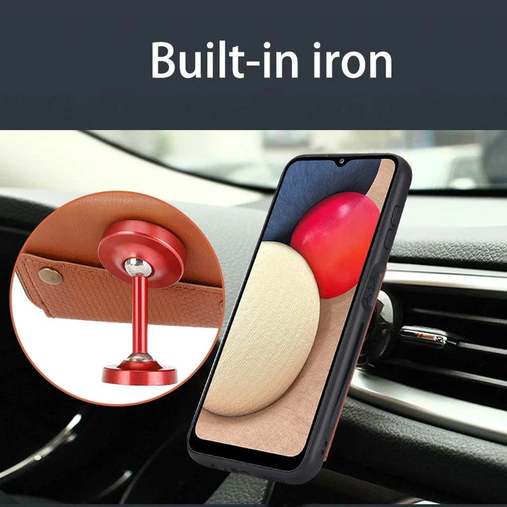 For Samsung Galaxy A14 5G / A14 4G Dual Button Card Slots Leather Coated TPU Case Car Mount Metal Sheet Kickstand Phone Cover - Black - 6