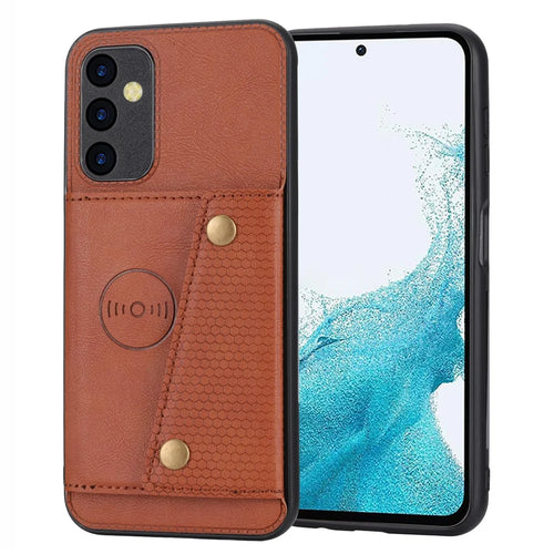 For Samsung Galaxy A54 5G Dual Button Card Slots Phone Case Kickstand Anti-drop PU Leather Coated TPU Cover with Built-in Metal Sheet - Light Brown - 1