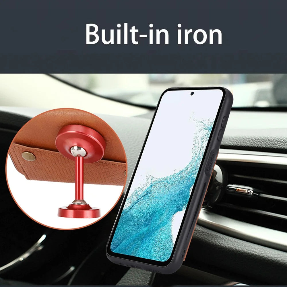 For Samsung Galaxy A54 5G Dual Button Card Slots Phone Case Kickstand Anti-drop PU Leather Coated TPU Cover with Built-in Metal Sheet - Light Brown - 4