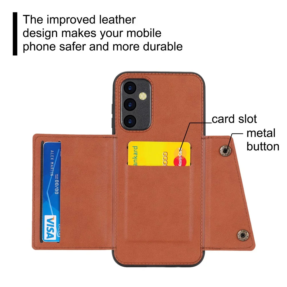 For Samsung Galaxy A54 5G Dual Button Card Slots Phone Case Kickstand Anti-drop PU Leather Coated TPU Cover with Built-in Metal Sheet - Light Brown - 7