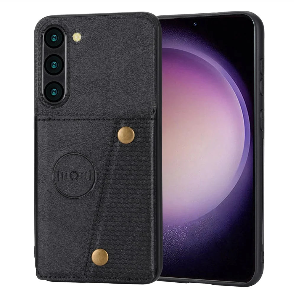 For Samsung Galaxy S23 Dual Button Card Holder PU Leather Coated TPU Kickstand Case with Car Mount Metal Sheet - Black - 1