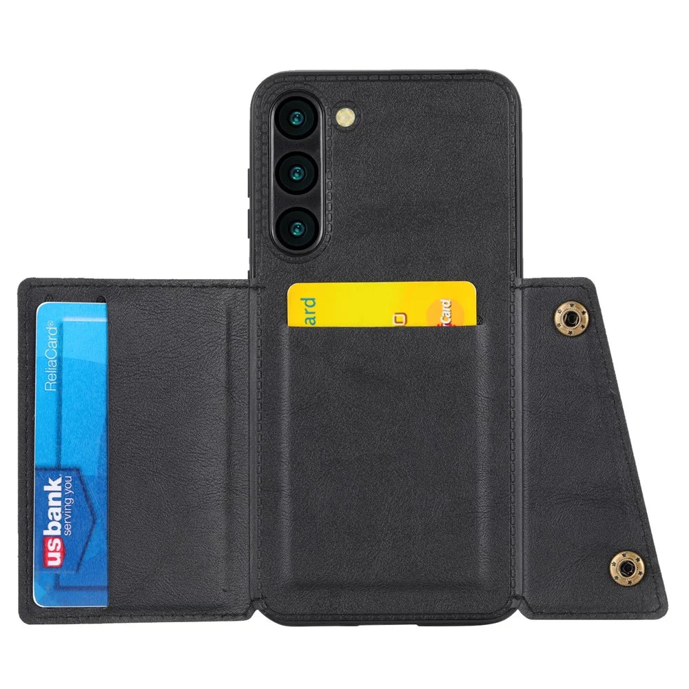 For Samsung Galaxy S23 Dual Button Card Holder PU Leather Coated TPU Kickstand Case with Car Mount Metal Sheet - Black - 2