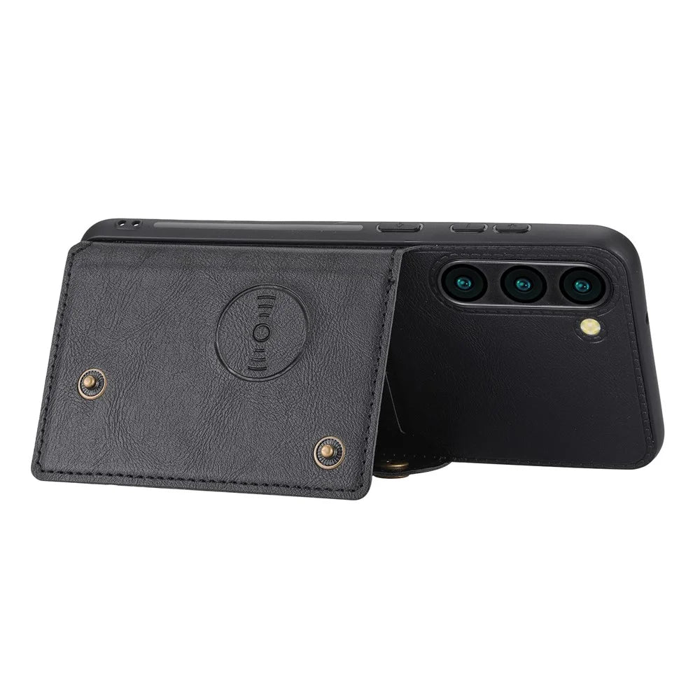 For Samsung Galaxy S23 Dual Button Card Holder PU Leather Coated TPU Kickstand Case with Car Mount Metal Sheet - Black - 3