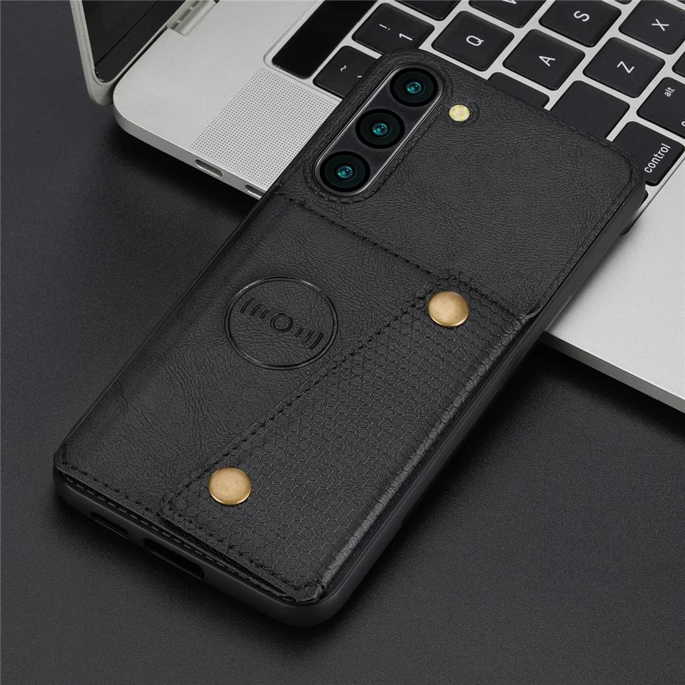 For Samsung Galaxy S23 Dual Button Card Holder PU Leather Coated TPU Kickstand Case with Car Mount Metal Sheet - Black - 5