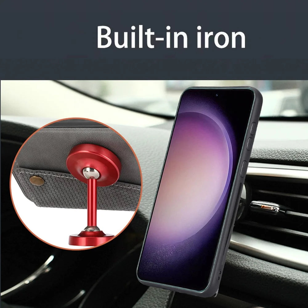 For Samsung Galaxy S23 Dual Button Card Holder PU Leather Coated TPU Kickstand Case with Car Mount Metal Sheet - Black - 6