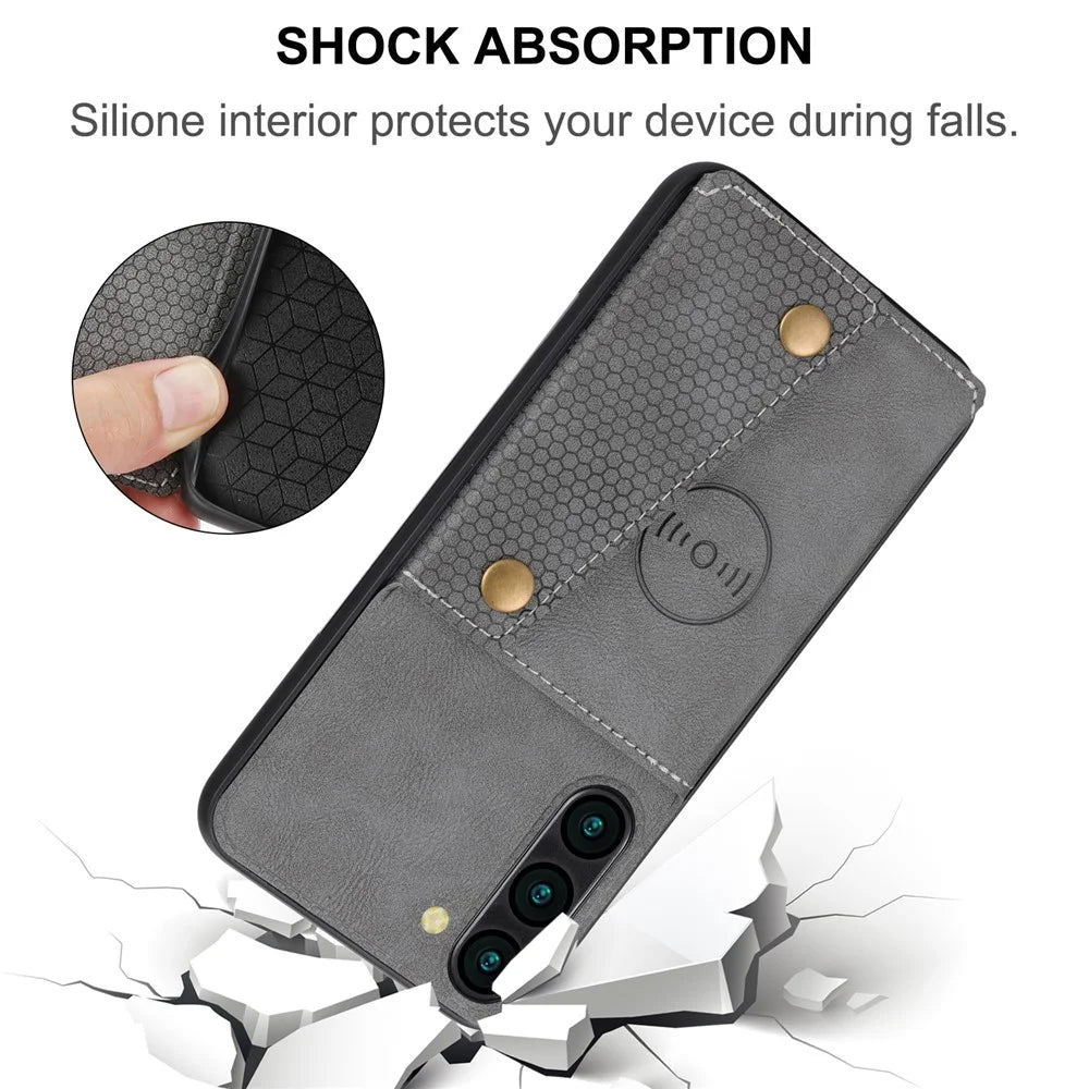 For Samsung Galaxy S23 Dual Button Card Holder PU Leather Coated TPU Kickstand Case with Car Mount Metal Sheet - Black - 7