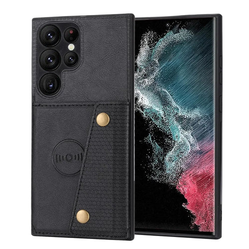 For Samsung Galaxy S23 Ultra PU Leather Coated TPU Back Case Card Slots Kickstand Phone Shockproof Cover with Built-in Metal Sheet - Black - 1