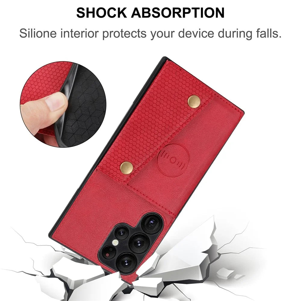 For Samsung Galaxy S23 Ultra PU Leather Coated TPU Back Case Card Slots Kickstand Phone Shockproof Cover with Built-in Metal Sheet - Black - 5