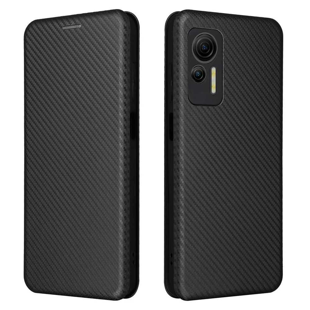 For Ulefone Note 14 Anti-scratch Phone Case Card Slot PU Leather Magnetic Auto-absorbed Stand Carbon Fiber Texture Phone Cover - Black - 1