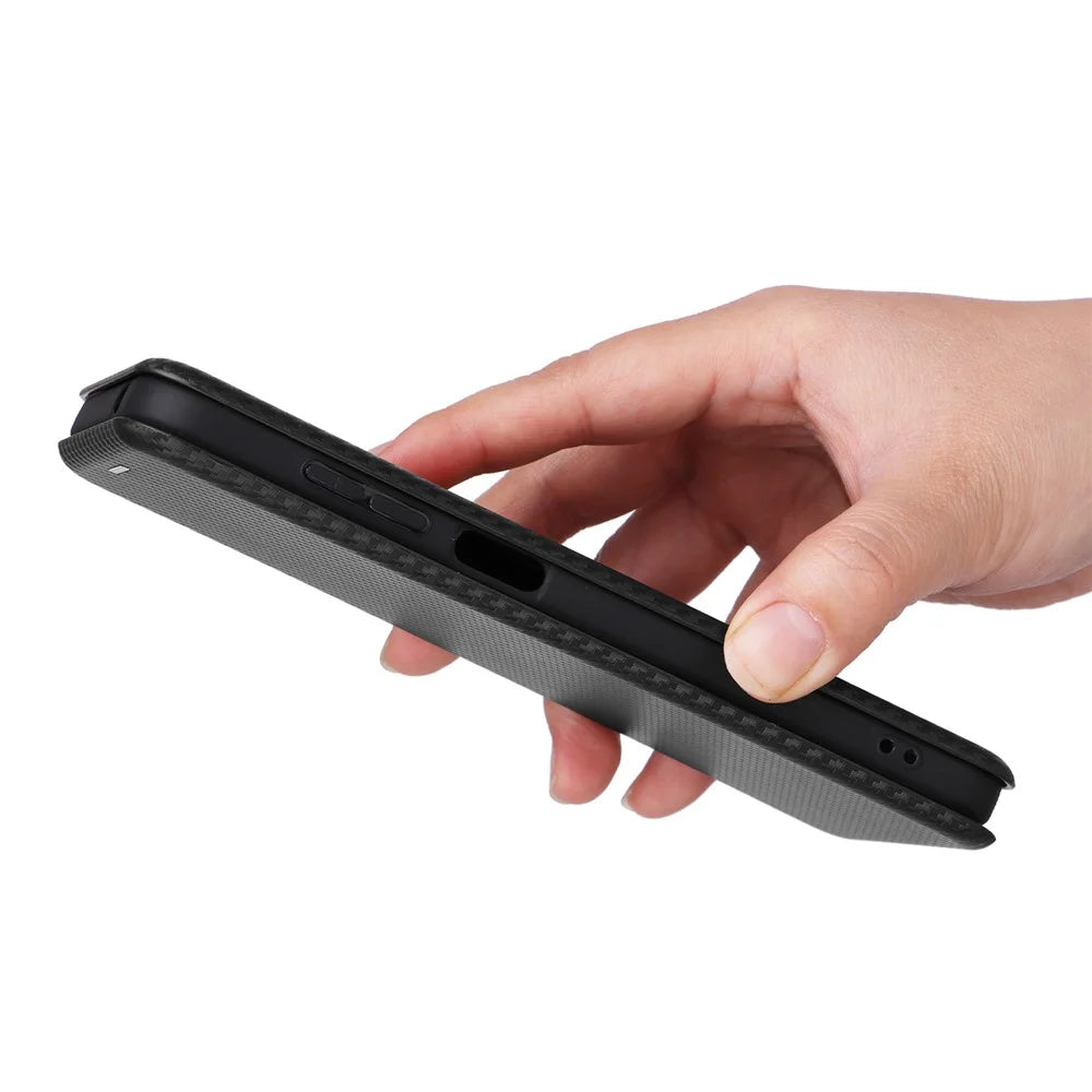 For Ulefone Note 14 Anti-scratch Phone Case Card Slot PU Leather Magnetic Auto-absorbed Stand Carbon Fiber Texture Phone Cover - Black - 7