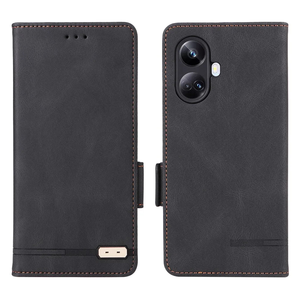 Hardware Decor Phone Case for Realme 10 Pro+ 5G, Dual Magnetic Clasp Wallet Foldable Stand Shockproof PU Leather Cell Phone Cover - Black - 1