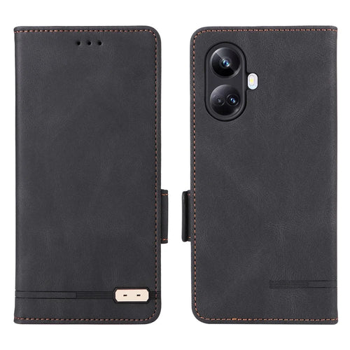 Hardware Decor Phone Case for Realme 10 Pro+ 5G, Dual Magnetic Clasp Wallet Foldable Stand Shockproof PU Leather Cell Phone Cover - Black - 1