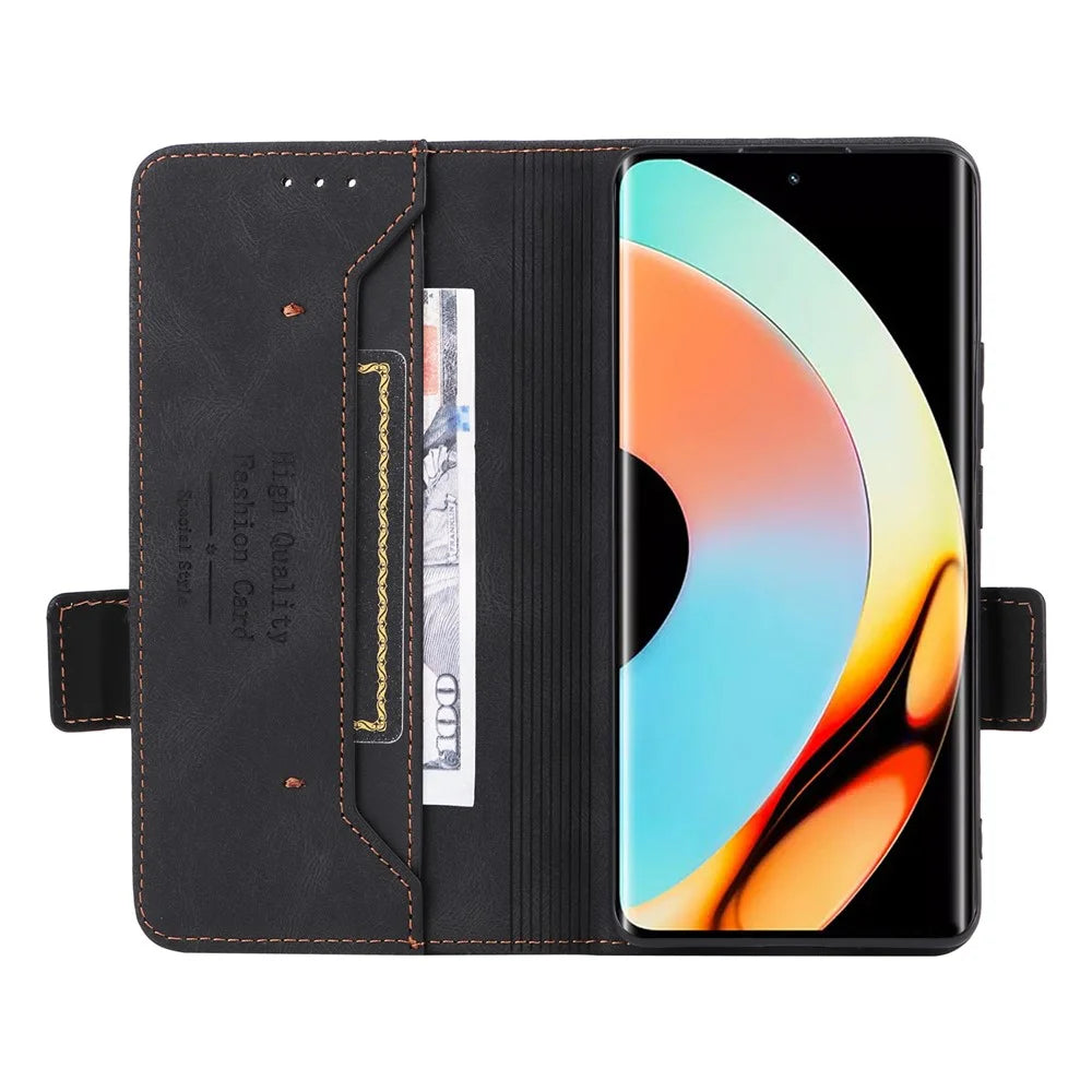Hardware Decor Phone Case for Realme 10 Pro+ 5G, Dual Magnetic Clasp Wallet Foldable Stand Shockproof PU Leather Cell Phone Cover - Black - 2