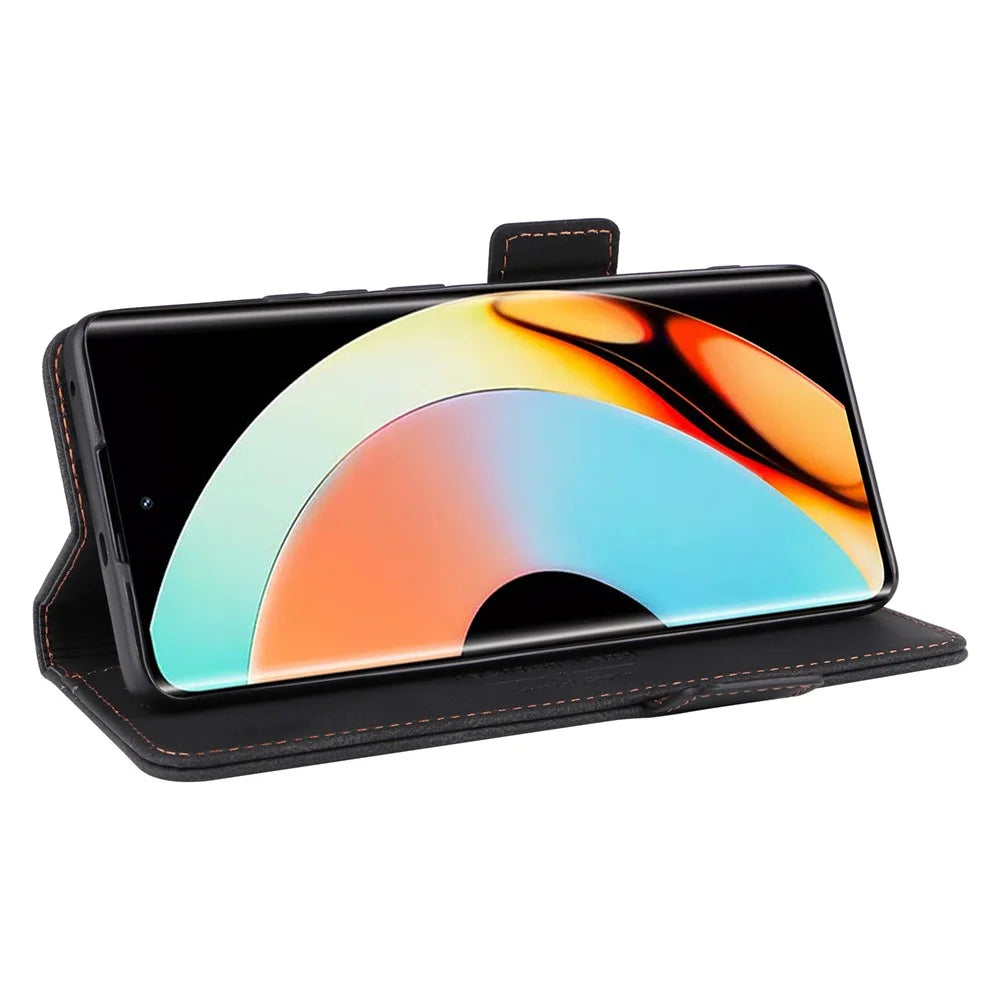 Hardware Decor Phone Case for Realme 10 Pro+ 5G, Dual Magnetic Clasp Wallet Foldable Stand Shockproof PU Leather Cell Phone Cover - Black - 3
