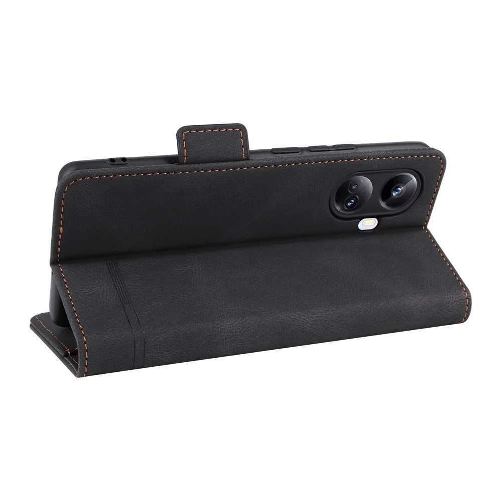 Hardware Decor Phone Case for Realme 10 Pro+ 5G, Dual Magnetic Clasp Wallet Foldable Stand Shockproof PU Leather Cell Phone Cover - Black - 4