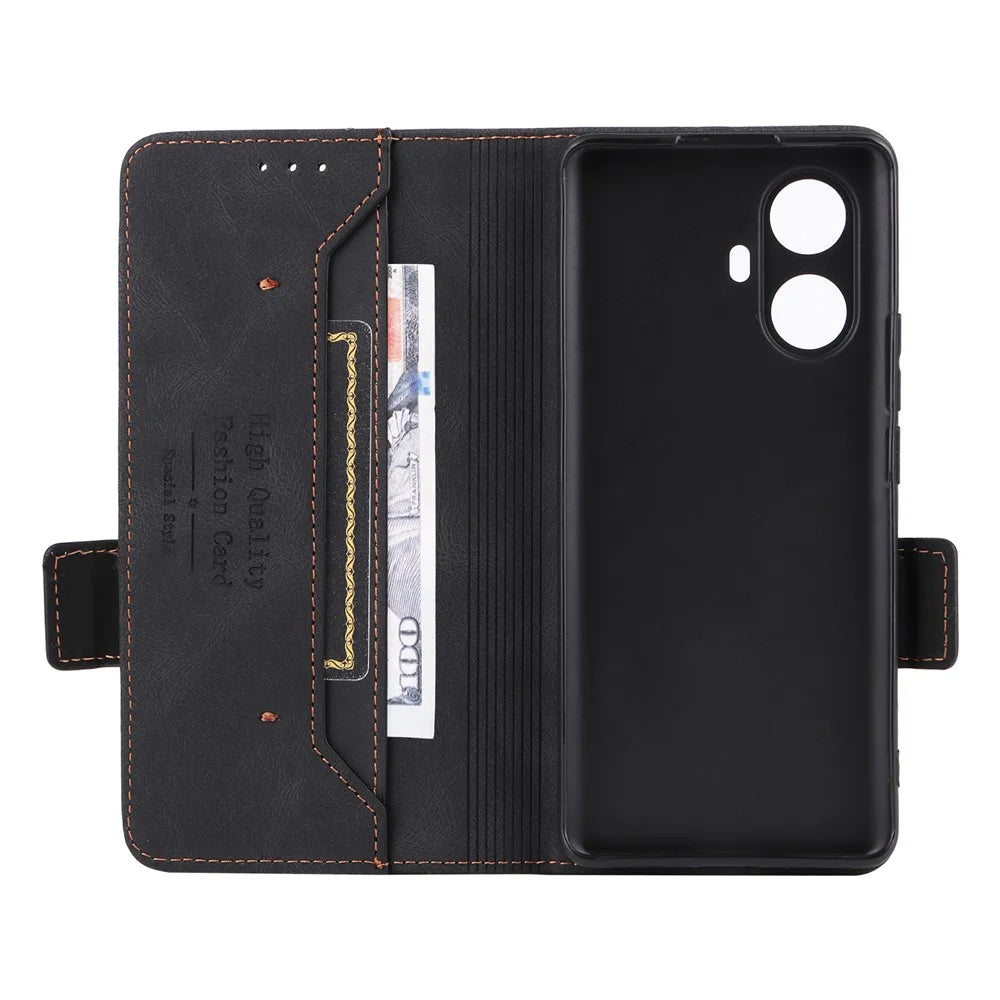 Hardware Decor Phone Case for Realme 10 Pro+ 5G, Dual Magnetic Clasp Wallet Foldable Stand Shockproof PU Leather Cell Phone Cover - Black - 5