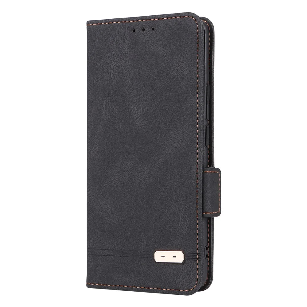 Hardware Decor Phone Case for Realme 10 Pro+ 5G, Dual Magnetic Clasp Wallet Foldable Stand Shockproof PU Leather Cell Phone Cover - Black - 6