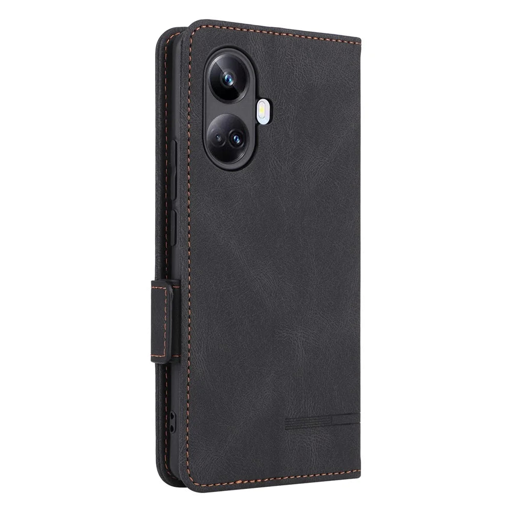 Hardware Decor Phone Case for Realme 10 Pro+ 5G, Dual Magnetic Clasp Wallet Foldable Stand Shockproof PU Leather Cell Phone Cover - Black - 7