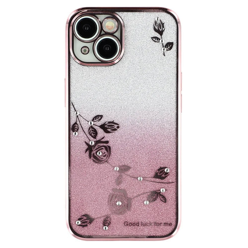 KADEM For iPhone 13 6.1 inch Rhinestone Decor Flower Pattern Anti-drop Back Case Gradient Glitter Powder TPU Protective Cover - Rose Gold - 1