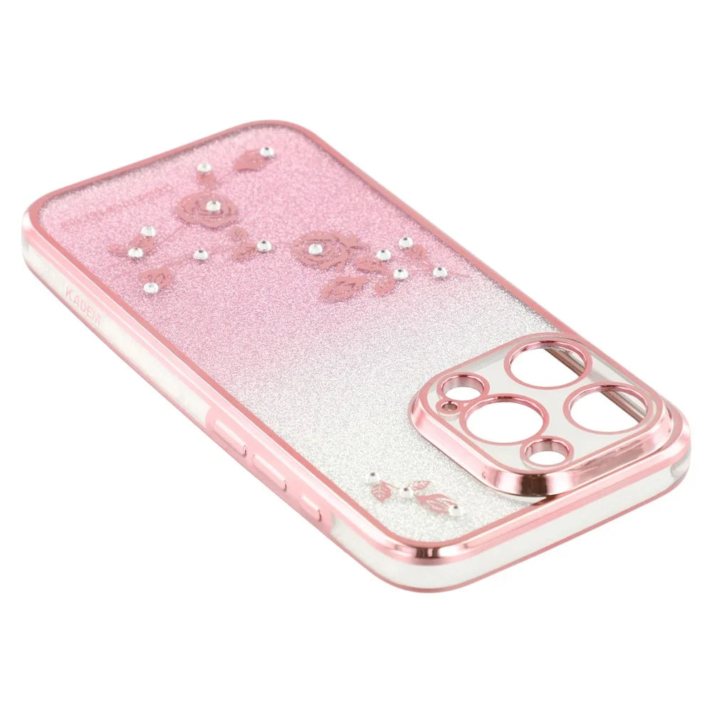 KADEM Rhinestone Decor Flower Pattern TPU Cover for iPhone 12 Pro Max 6.7 inch, Stylish Gradient Glitter Powder Anti-drop Back Case - Rose Gold - 3