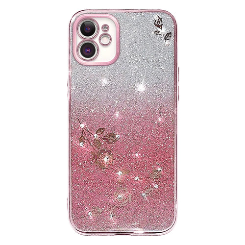 KADEM Gradient Glitter Powder TPU Cover for iPhone 12 6.1 inch, Rhinestone Decor Flower Pattern Anti-drop Protective Case - Rose Gold - 1