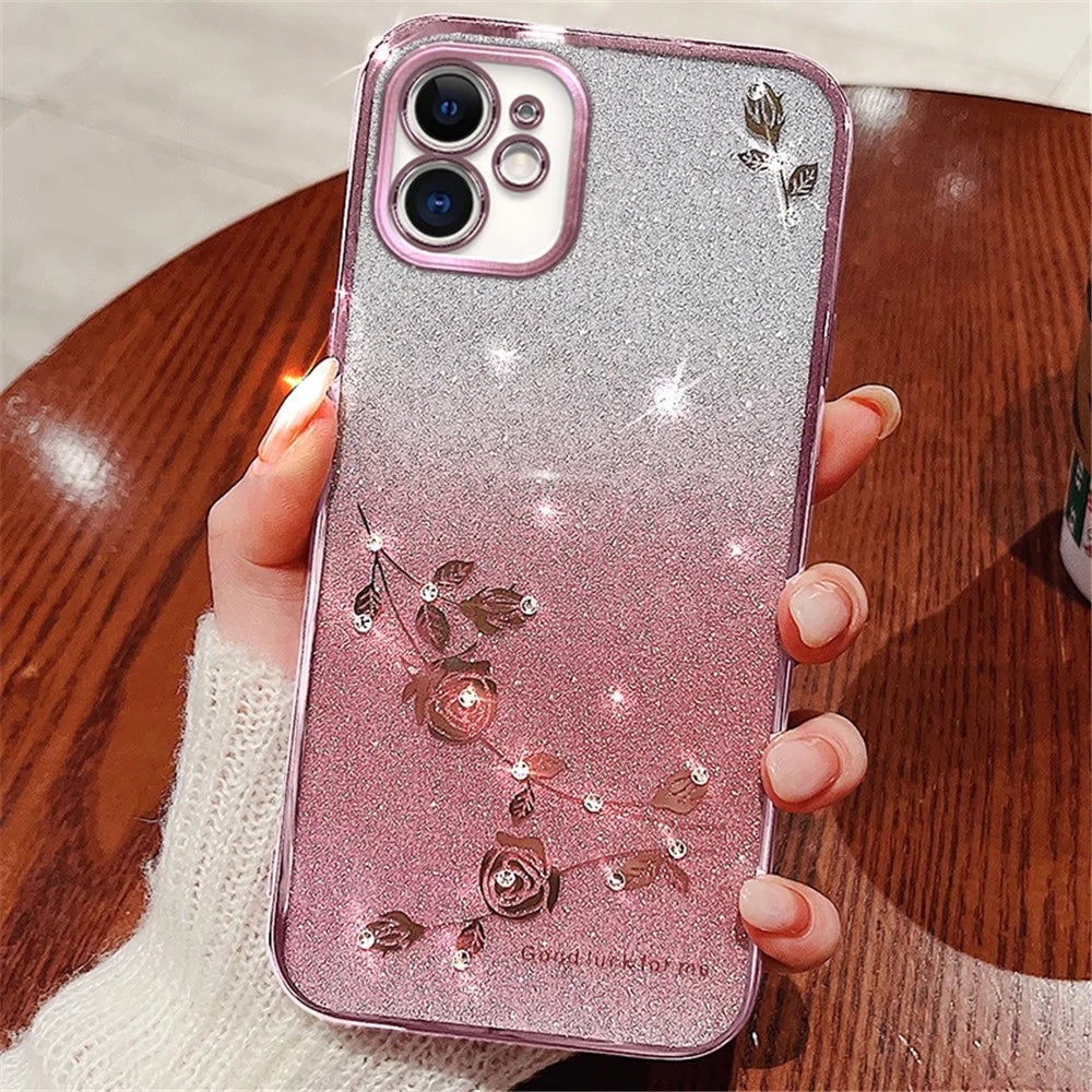 KADEM Gradient Glitter Powder TPU Cover for iPhone 12 6.1 inch, Rhinestone Decor Flower Pattern Anti-drop Protective Case - Rose Gold - 2