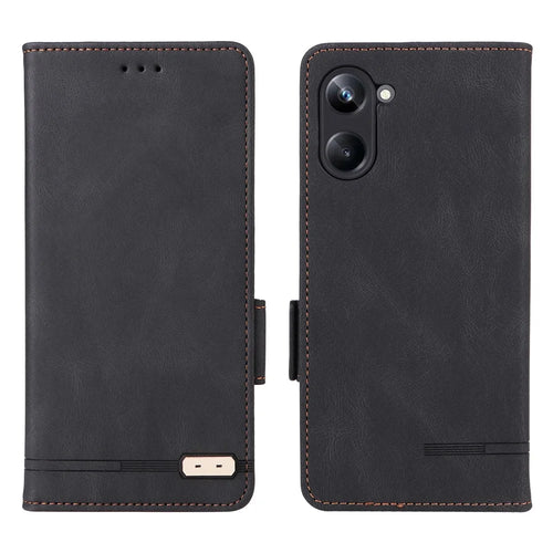 For Realme 10 Pro 5G Hardware Decor Dual Magnetic Clasp Anti-scratch Phone Cover Wallet Stand Anti-drop PU Leather Phone Case - Black - 1