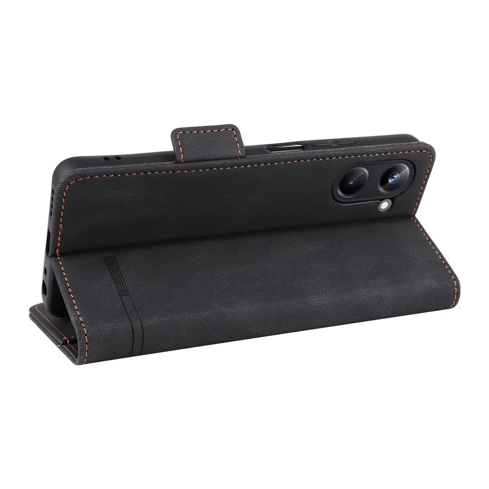 For Realme 10 Pro 5G Hardware Decor Dual Magnetic Clasp Anti-scratch Phone Cover Wallet Stand Anti-drop PU Leather Phone Case - Black - 4
