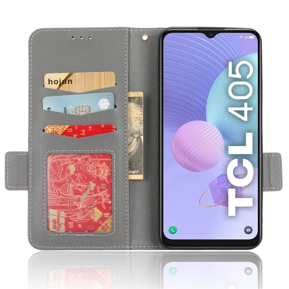 For TCL 405 / 406 / T506D Dual Magnetic Clasp PU Leather Smartphone Case Foldable Stand Litchi Texture Phone Flip Wallet Cover - Grey - 2